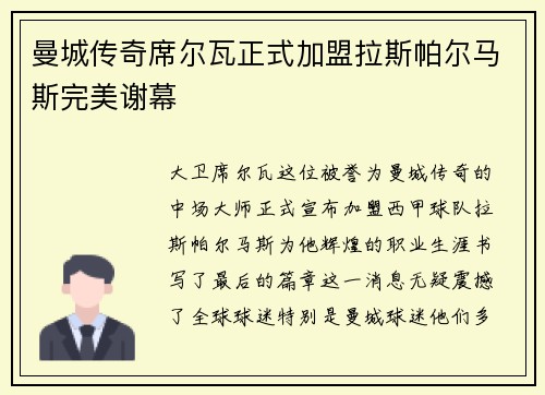 曼城传奇席尔瓦正式加盟拉斯帕尔马斯完美谢幕